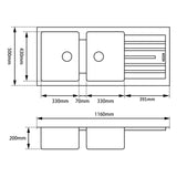 Aquaperla Arete Stone Kitchen Sink Double Bowls With Drainboard Top/Undermount 1160x500x200mm - JAK Appliances