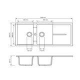 Aquaperla Carysil Granite Kitchen Sink Double Bowls With Drainer Top/Flush/Under Mount 1160x500x200mm - JAK Appliances
