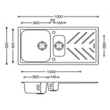 Aquaperla Carysil Granite Kitchen Sink 1 & 1/4 Bowls With Drainer Top/Flush/Under Mount 1000x500mm - JAK Appliances