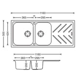 Aquaperla Carysil Granite Kitchen Sink 1 & 3/4 Bowls With Drainer Top/Flush/Under Mount 1160x500x200mm - JAK Appliances